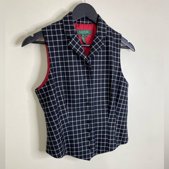 LAUREN RALPH LAUREN GREEN LABEL 100% WOOL VEST IN BLACK & WHITE GRID LINES - Picture 4 of 11